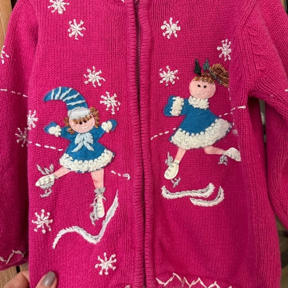 Vintage embroidered knit cardigan applique ice skating toddler girl sweater 90s